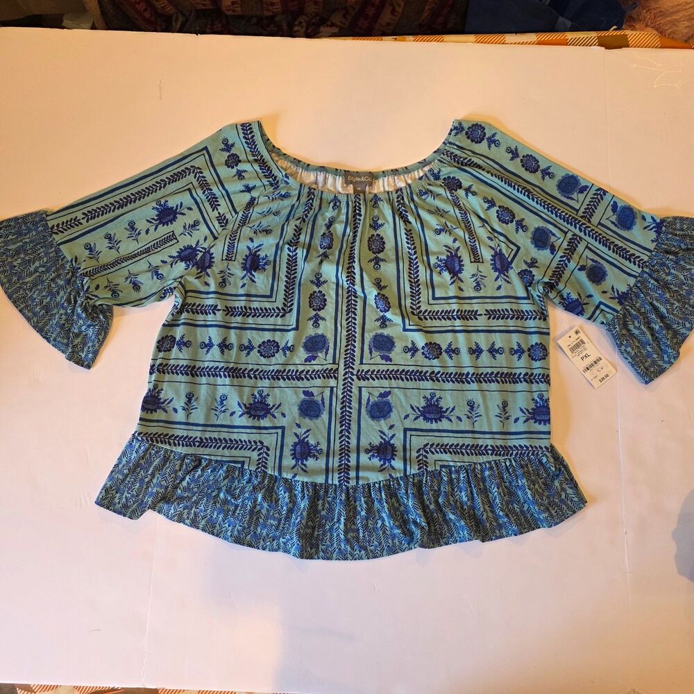 NWT Style & Co PXL Petite XL Blue Floral Peasant Top Boho Ruffle Sleeve